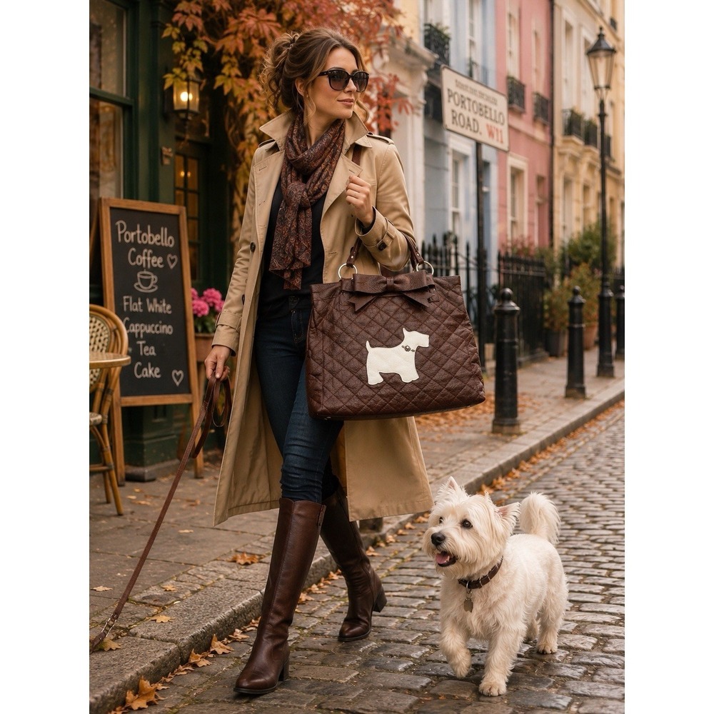 My Flat in London Quilted Leather Tote Bag Brown Scottie Dog Bow Shoulder Bag